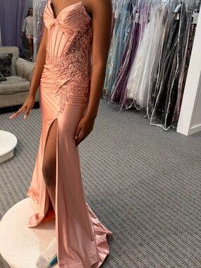 Blush Pink Satin Evening Gown with Lace Appliqué